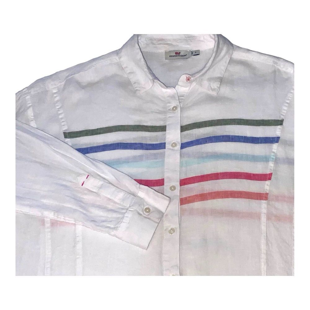 Vineyard Vines Shirt Womens 6 White Linen Long Sleeve Button Up Pastel Stripe